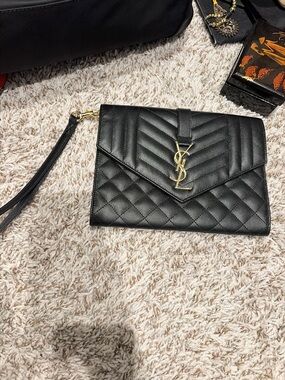 Saint Laurent Black Quilted Leather Envelope Wristlet with Gold YSL Logo